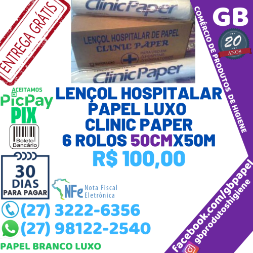 Lençol Hospitalar Papel Luxo Clinic Paper 6 Rolos 50cm x 50m R$ 100,00. Caixa Lençol Hospitalar de Papel Branco Luxo Clinic Paper com 6 Rolos de 50cm x 50m.