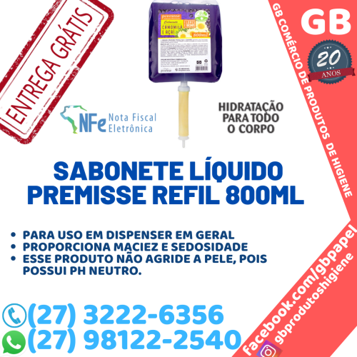 Sabonete Líquido Premisse Refil 800 ml. Para uso em saboneteiras em geral.